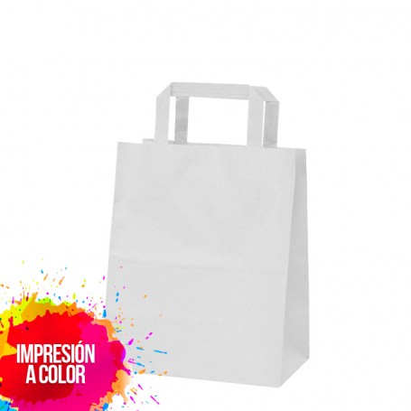 Bolsa de Papel Asa Plana 21x26x13 cm Blanca con Impresión